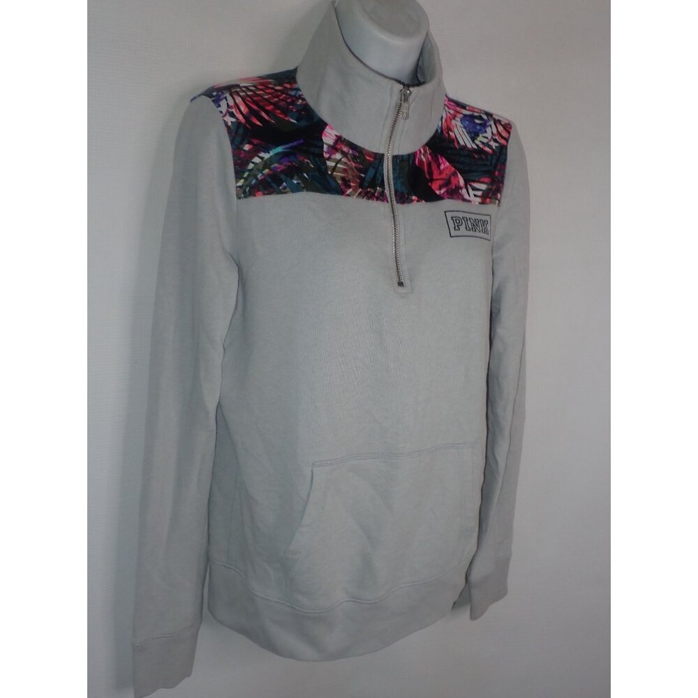 Victoria's Secret PINK Women XS Half-Zip Pullover Sweatshirt Gray Tropical Yolk - Picture 3 of 6